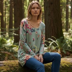 SOFT SURROUNDINGS Floral Lightweight Pullover Sweater Long Sleeve Green Pink XL